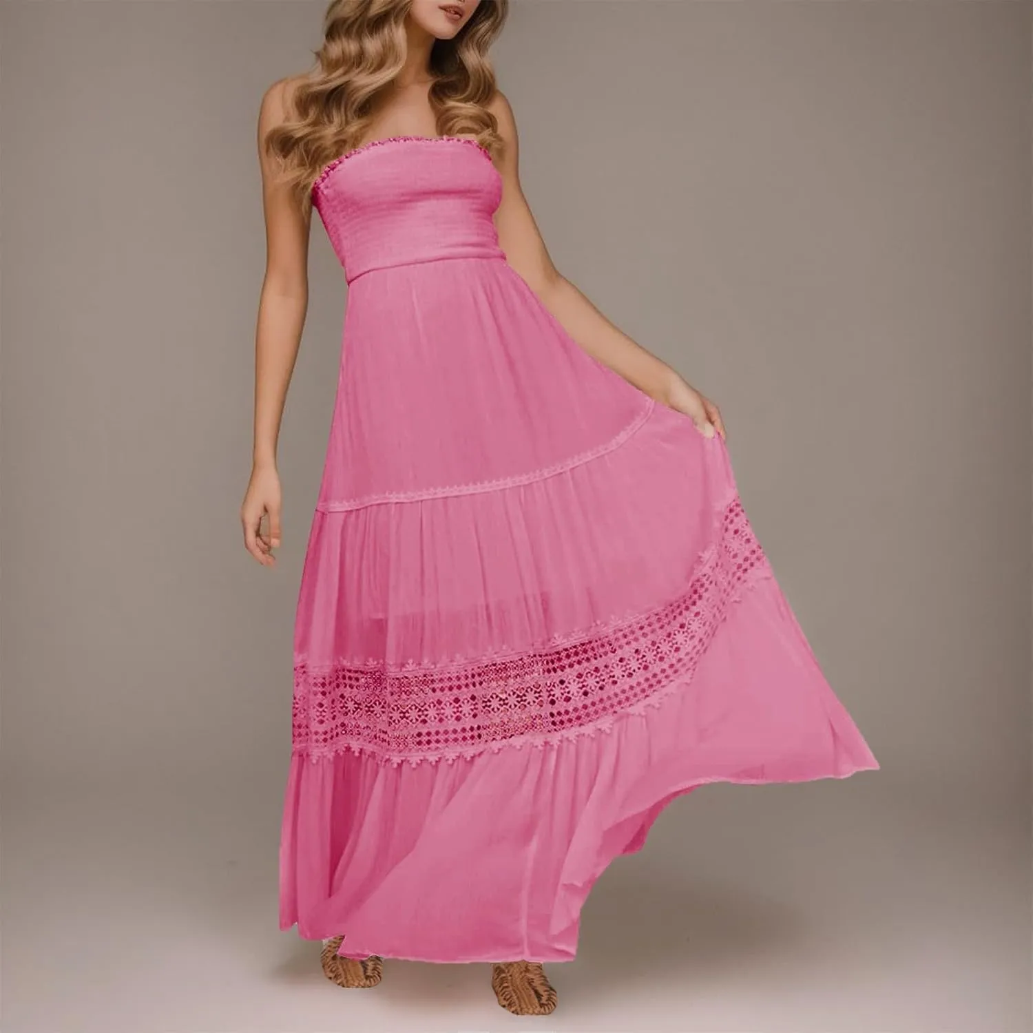 Summer Dresses for Women 2024 Strapless Off Shoulder Crochet Lace Trim Flowy A Line Wedding Guest Dress Beach Long Maxi Dress