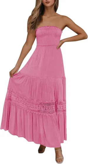 Summer Dresses for Women 2024 Strapless Off Shoulder Crochet Lace Trim Flowy A Line Wedding Guest Dress Beach Long Maxi Dress