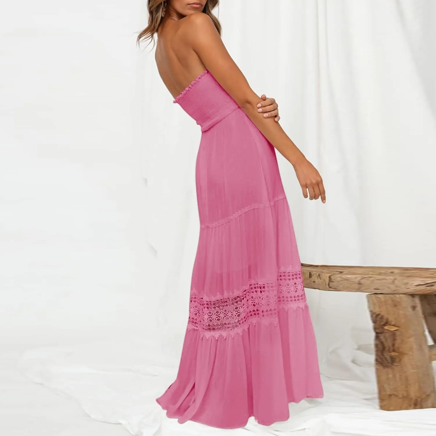 Summer Dresses for Women 2024 Strapless Off Shoulder Crochet Lace Trim Flowy A Line Wedding Guest Dress Beach Long Maxi Dress