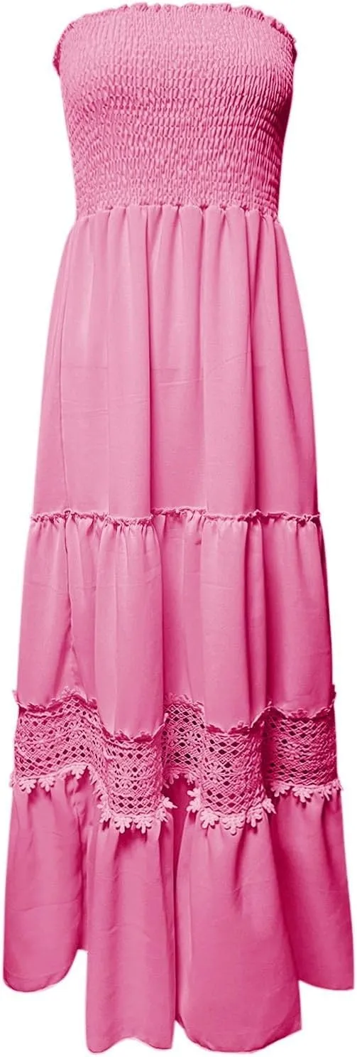 Summer Dresses for Women 2024 Strapless Off Shoulder Crochet Lace Trim Flowy A Line Wedding Guest Dress Beach Long Maxi Dress