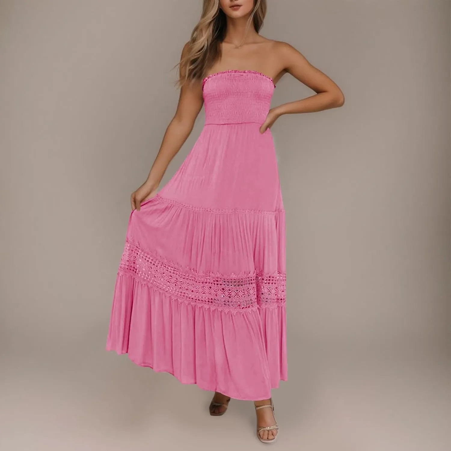 Summer Dresses for Women 2024 Strapless Off Shoulder Crochet Lace Trim Flowy A Line Wedding Guest Dress Beach Long Maxi Dress