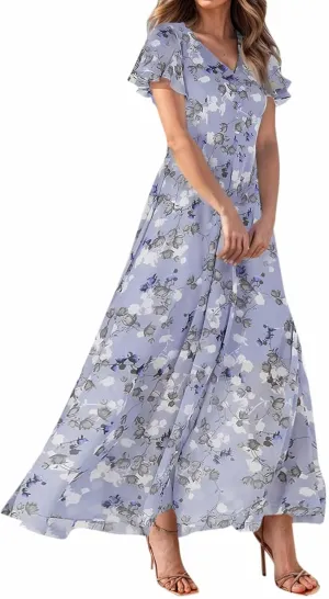 Summer Dresses for Women 2025,Elegant Chiffon Floral Boho Dress Semi Wedding Guest Dresses Floral Church Dress