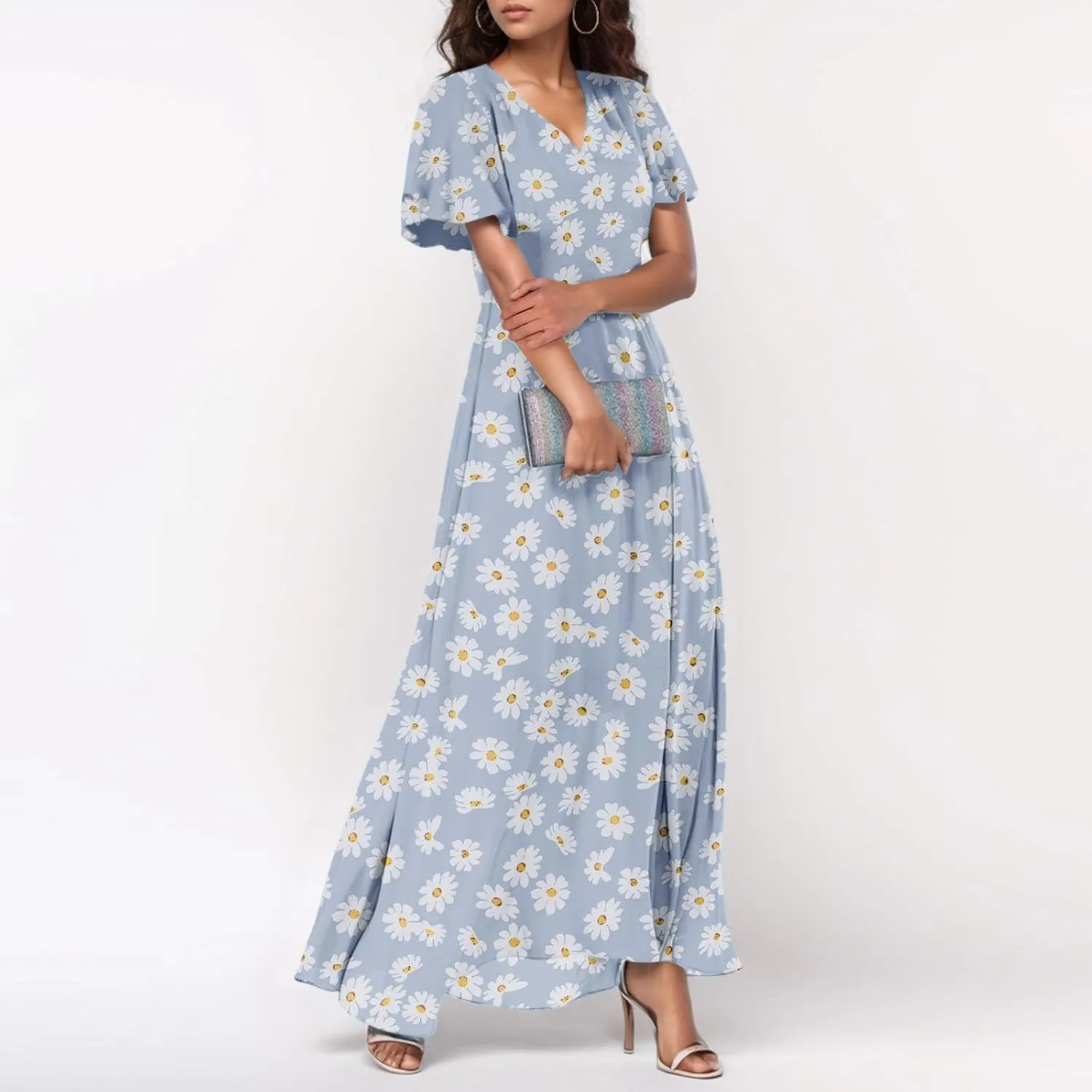 Summer Dresses for Women 2025,Elegant Chiffon Floral Boho Dress Semi Wedding Guest Dresses Floral Church Dress