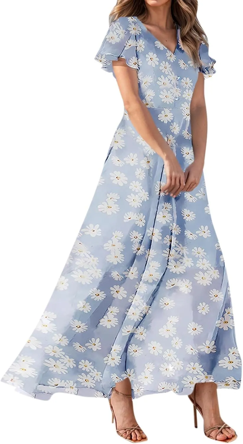 Summer Dresses for Women 2025,Elegant Chiffon Floral Boho Dress Semi Wedding Guest Dresses Floral Church Dress