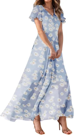 Summer Dresses for Women 2025,Elegant Chiffon Floral Boho Dress Semi Wedding Guest Dresses Floral Church Dress