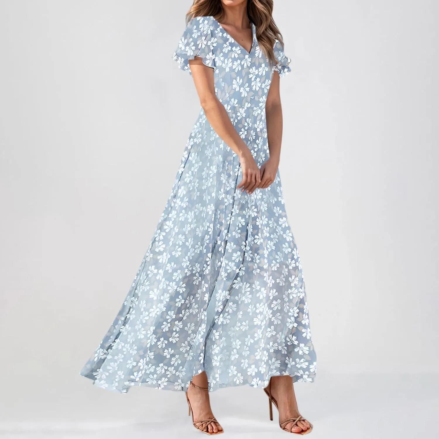 Summer Dresses for Women 2025,Elegant Chiffon Floral Boho Dress Semi Wedding Guest Dresses Floral Church Dress