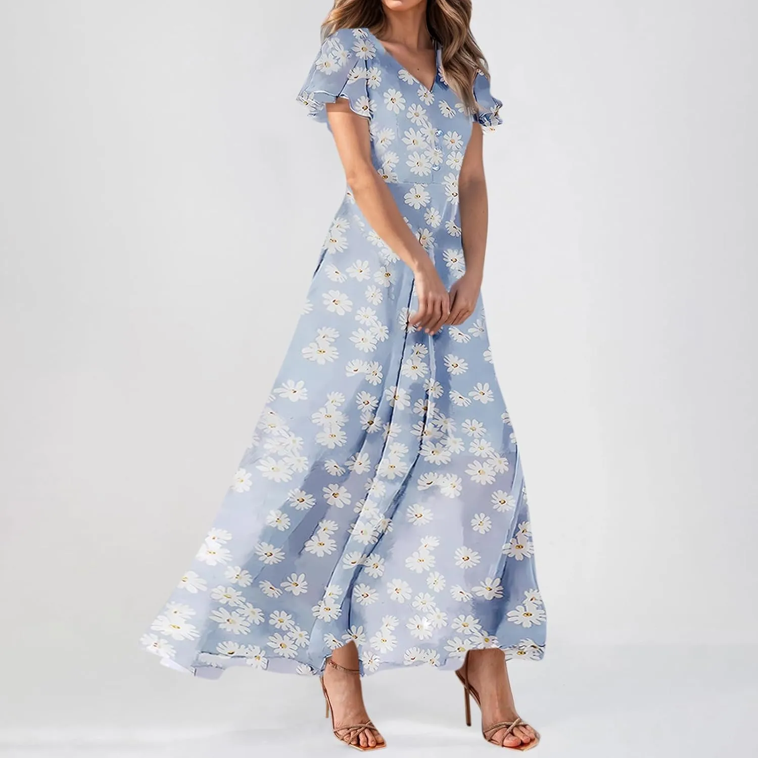 Summer Dresses for Women 2025,Elegant Chiffon Floral Boho Dress Semi Wedding Guest Dresses Floral Church Dress