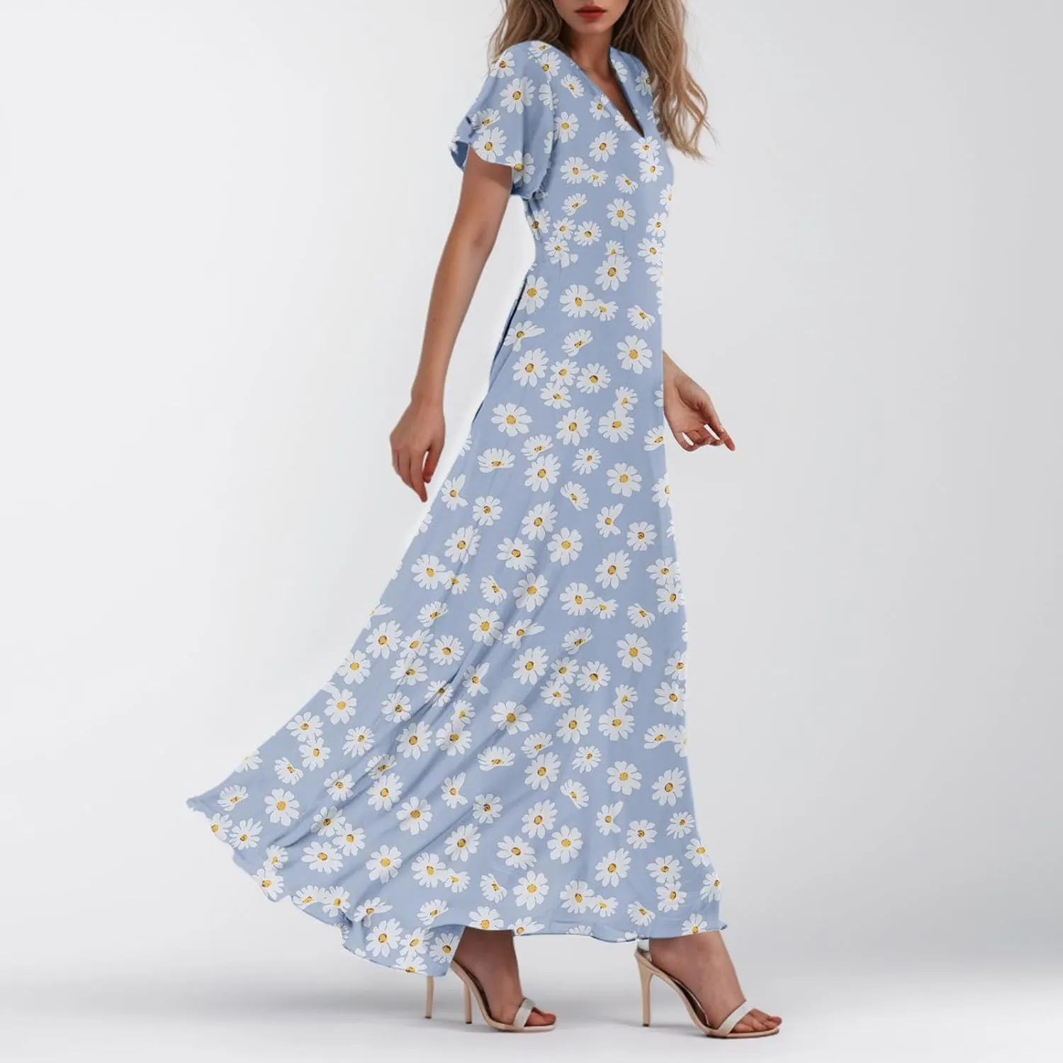 Summer Dresses for Women 2025,Elegant Chiffon Floral Boho Dress Semi Wedding Guest Dresses Floral Church Dress