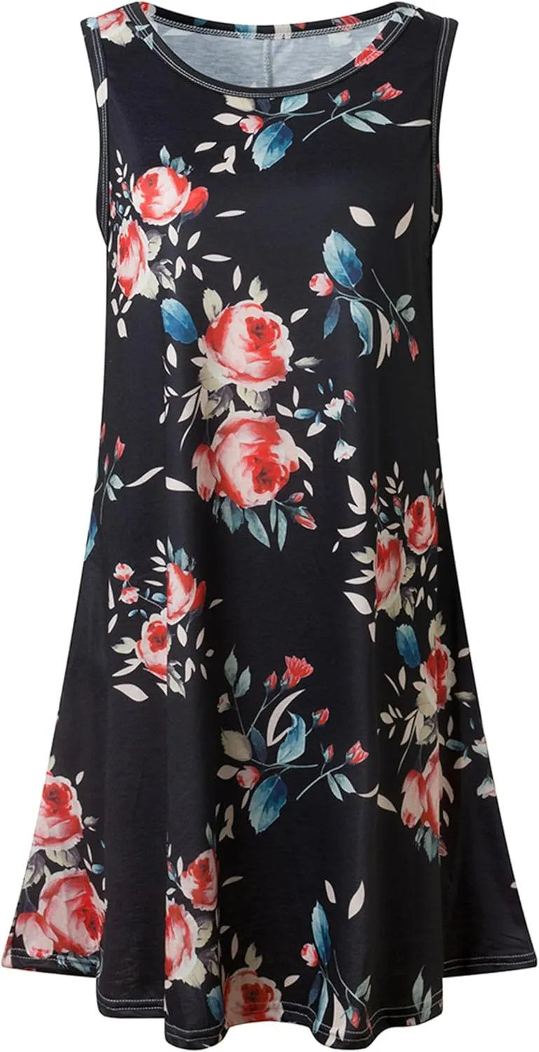 Summer Dresses for Women Beach Boho Sleeveless Vintage Floral Flowy Pocket Tshirt Tank Sundresses
