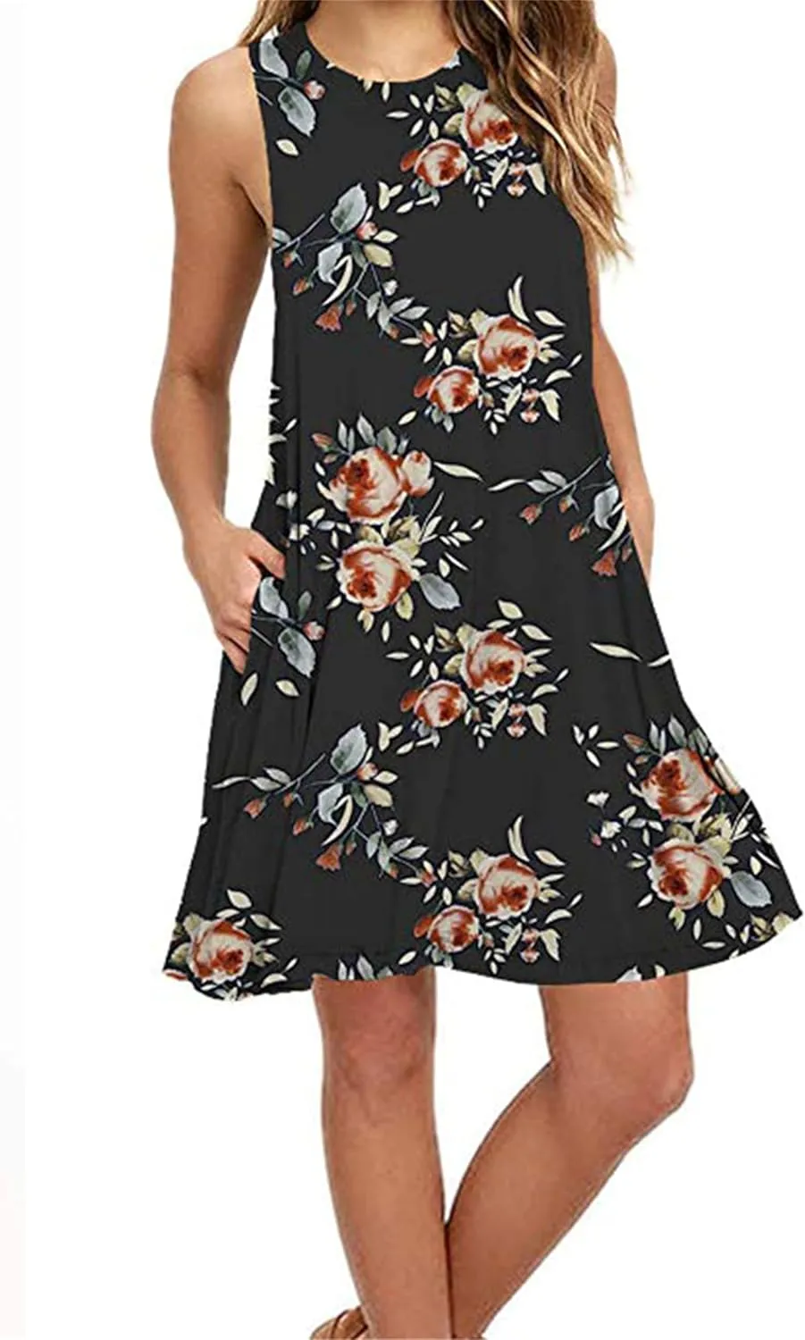Summer Dresses for Women Beach Boho Sleeveless Vintage Floral Flowy Pocket Tshirt Tank Sundresses