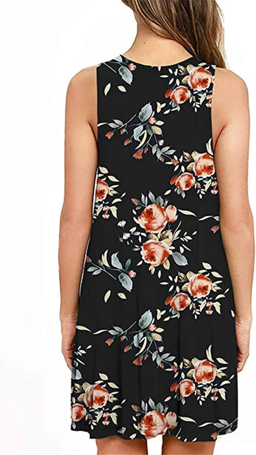 Summer Dresses for Women Beach Boho Sleeveless Vintage Floral Flowy Pocket Tshirt Tank Sundresses