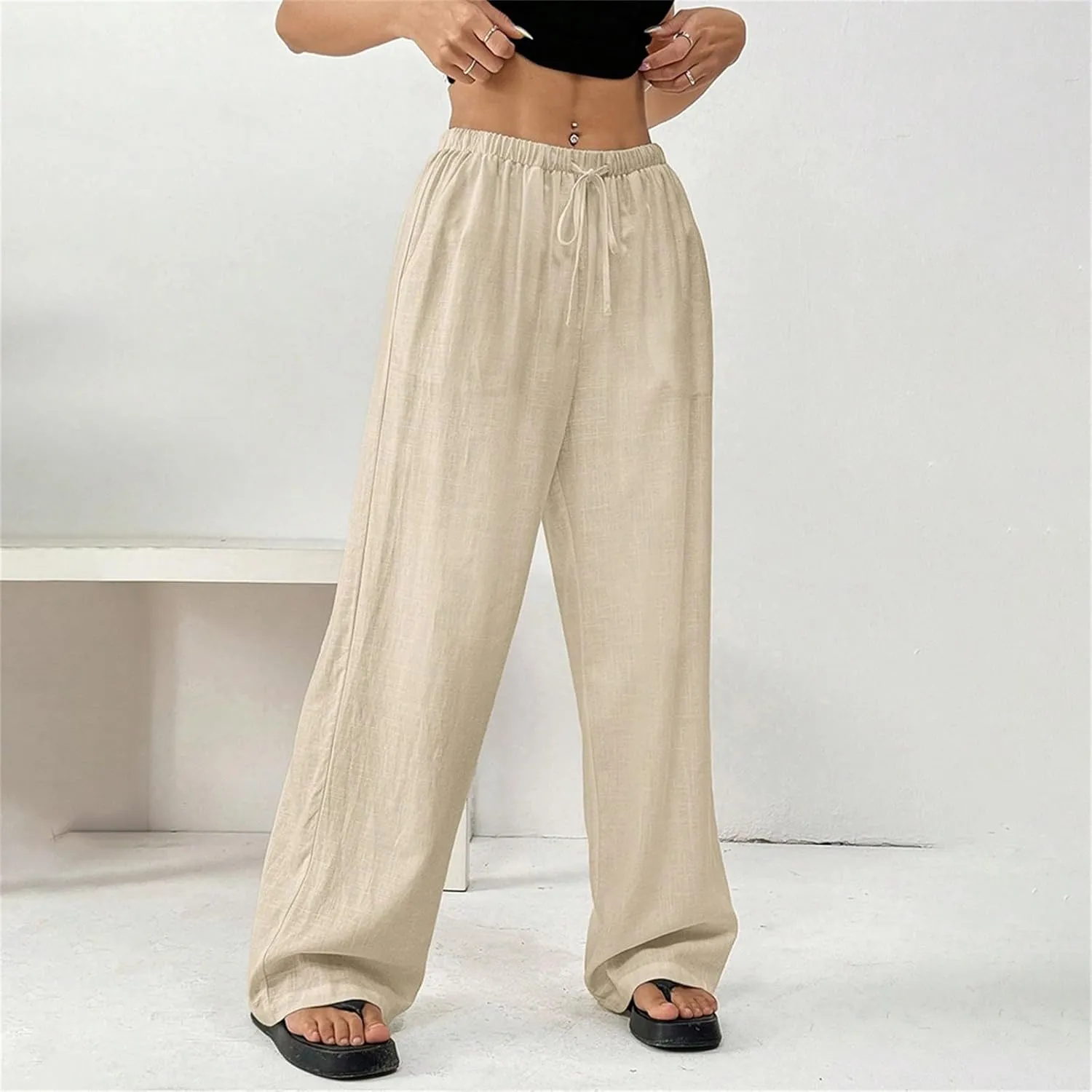 Summer Linen Palazzo Pants for Women Flowy Wide Leg Beach Trousers Loose Casual High Waist Yoga Pants with Pockets