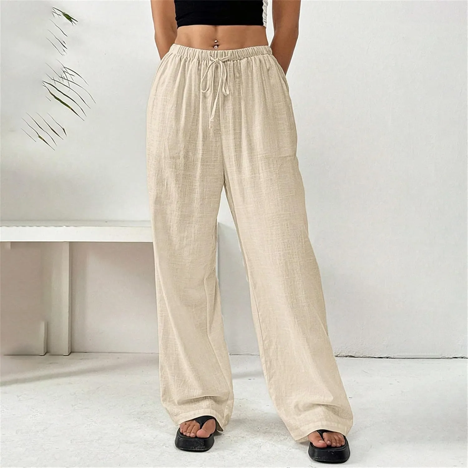 Summer Linen Palazzo Pants for Women Flowy Wide Leg Beach Trousers Loose Casual High Waist Yoga Pants with Pockets