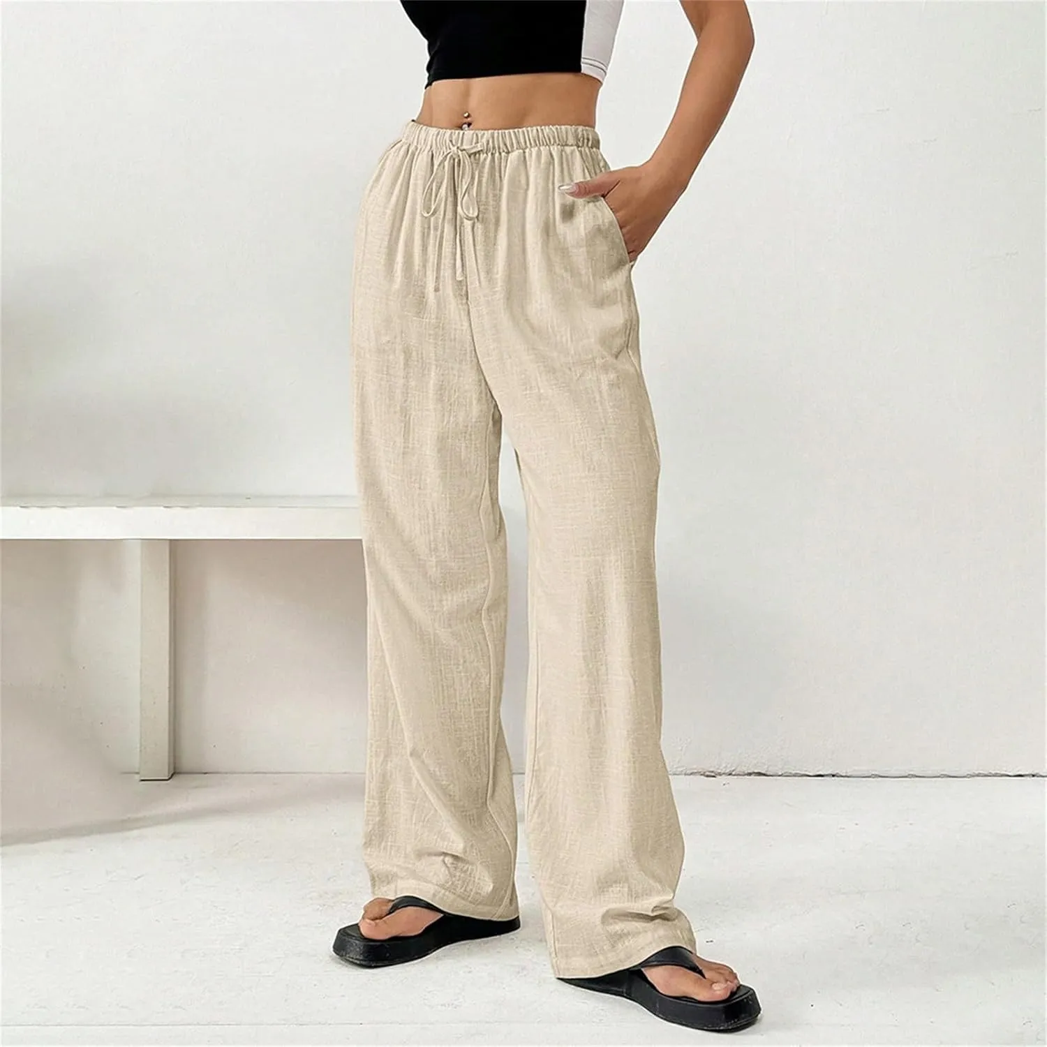 Summer Linen Palazzo Pants for Women Flowy Wide Leg Beach Trousers Loose Casual High Waist Yoga Pants with Pockets