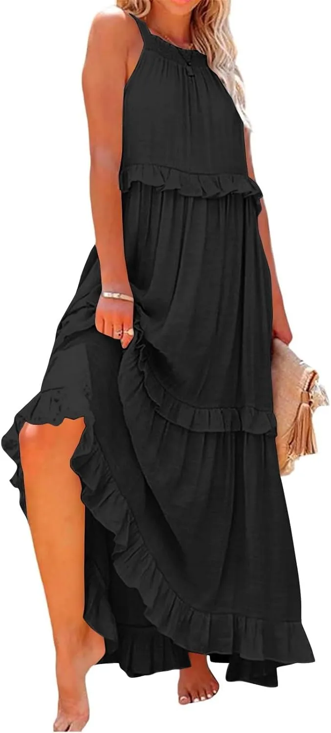 Summer Sleeveless Dress for Women Crew Neck Halter Tie Pleated Maxi Dress Flowy Ruffle Sun Dress for Beach Vacation