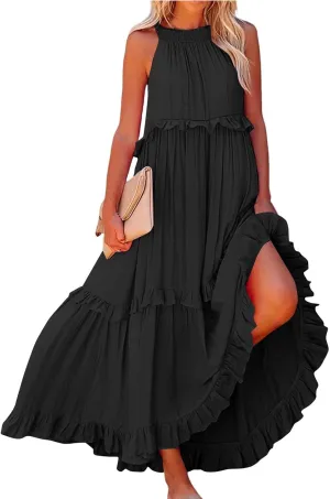 Summer Sleeveless Dress for Women Crew Neck Halter Tie Pleated Maxi Dress Flowy Ruffle Sun Dress for Beach Vacation