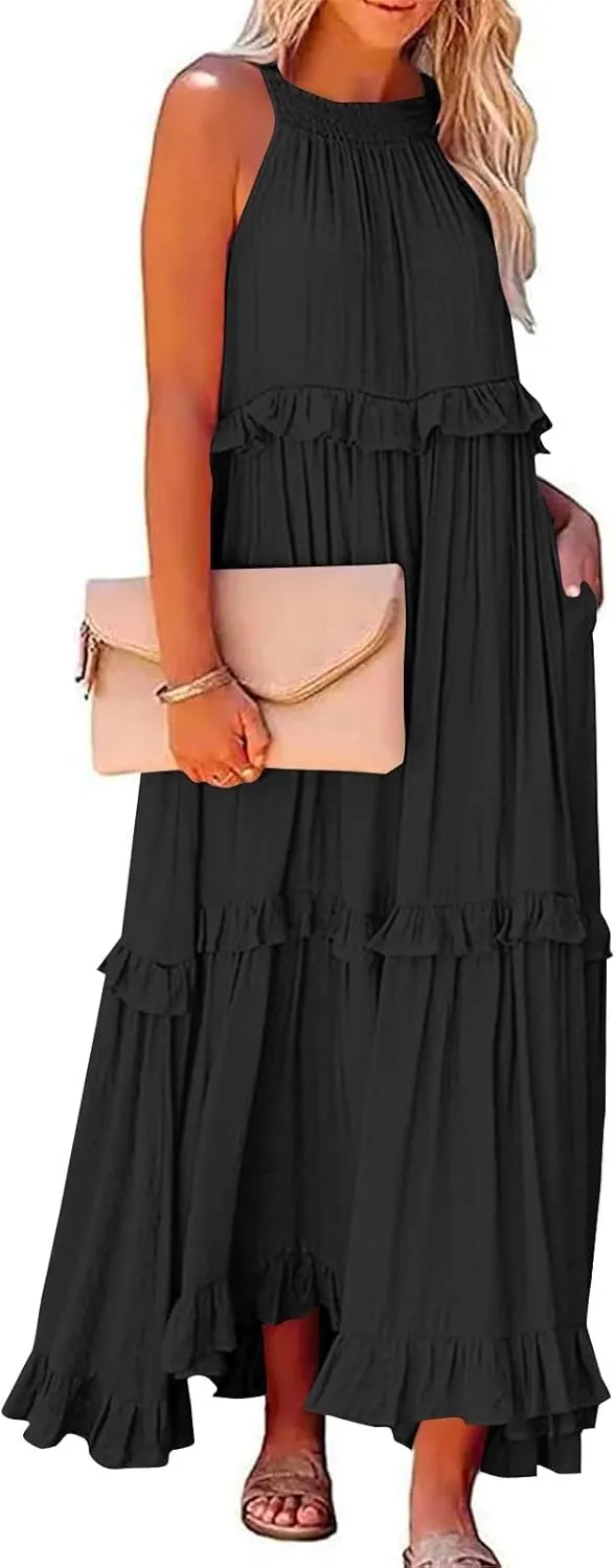 Summer Sleeveless Dress for Women Crew Neck Halter Tie Pleated Maxi Dress Flowy Ruffle Sun Dress for Beach Vacation