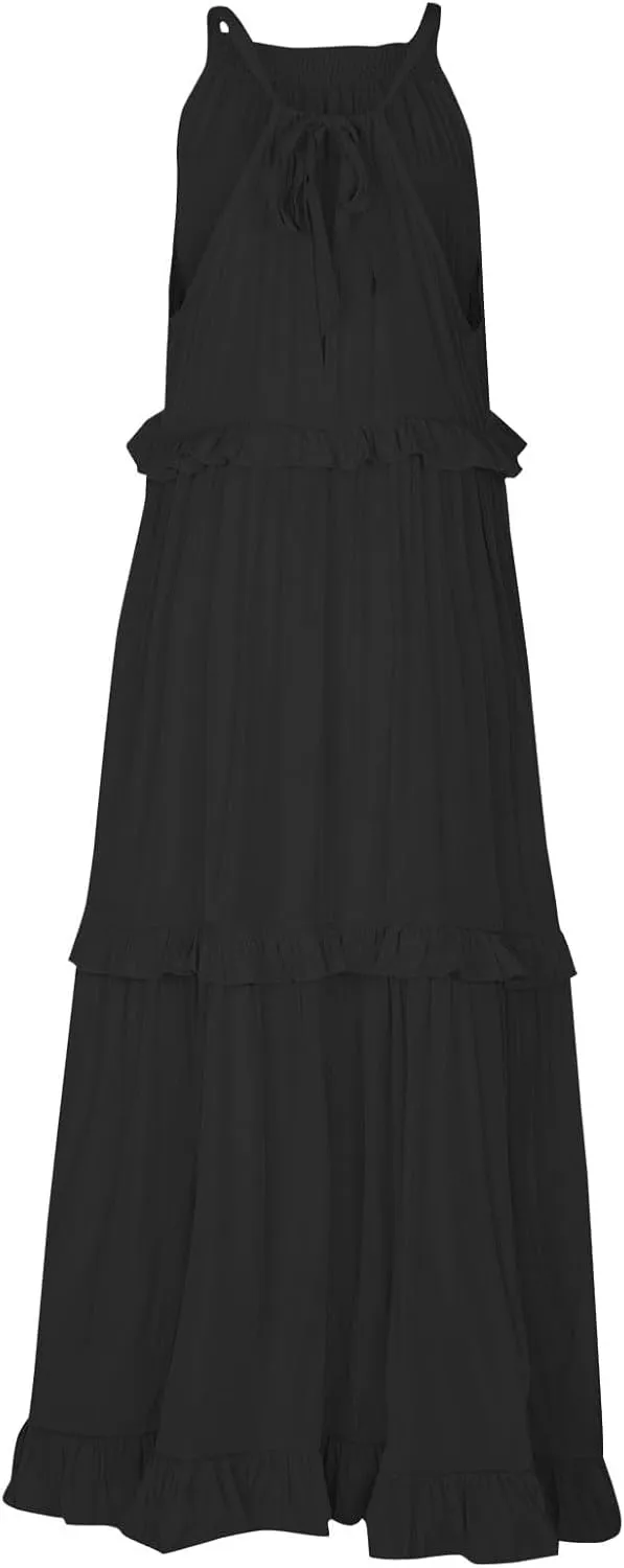 Summer Sleeveless Dress for Women Crew Neck Halter Tie Pleated Maxi Dress Flowy Ruffle Sun Dress for Beach Vacation