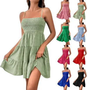 Sundresses for Women 2025 Smocked Spaghetti Strap Tiered Ruffe Mini Dress Flowy Summer Casual A Line Skater Dress