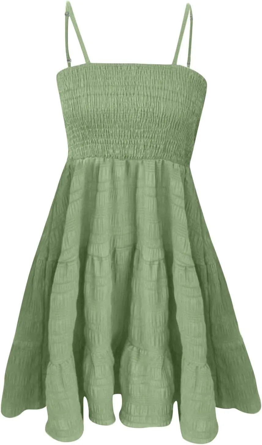 Sundresses for Women 2025 Smocked Spaghetti Strap Tiered Ruffe Mini Dress Flowy Summer Casual A Line Skater Dress