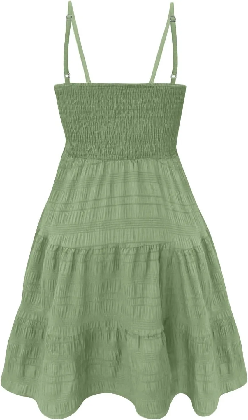 Sundresses for Women 2025 Smocked Spaghetti Strap Tiered Ruffe Mini Dress Flowy Summer Casual A Line Skater Dress