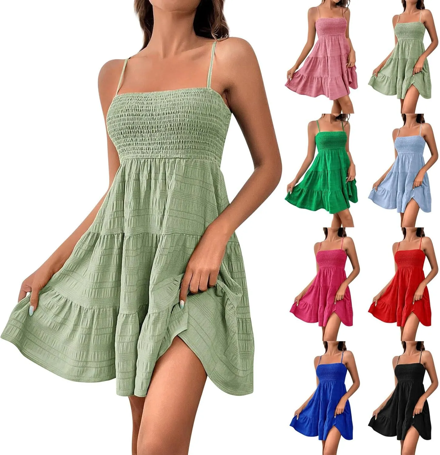 Sundresses for Women 2025 Smocked Spaghetti Strap Tiered Ruffe Mini Dress Flowy Summer Casual A Line Skater Dress