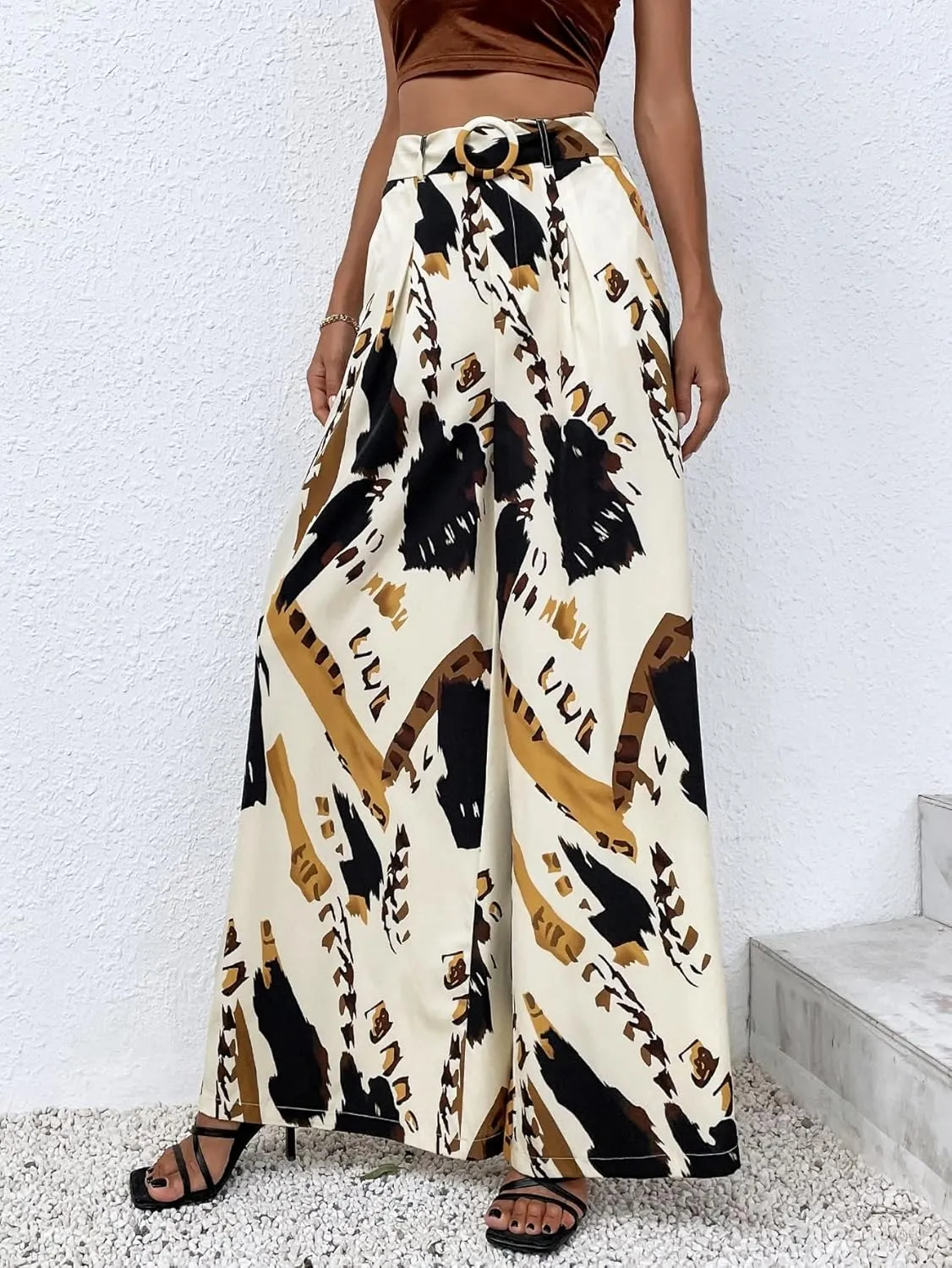 SweatyRocks Women's High Elastic Waist Pockets Pants Graphic Print Wide Leg Loose Palazzo Pants Trousers with Belt