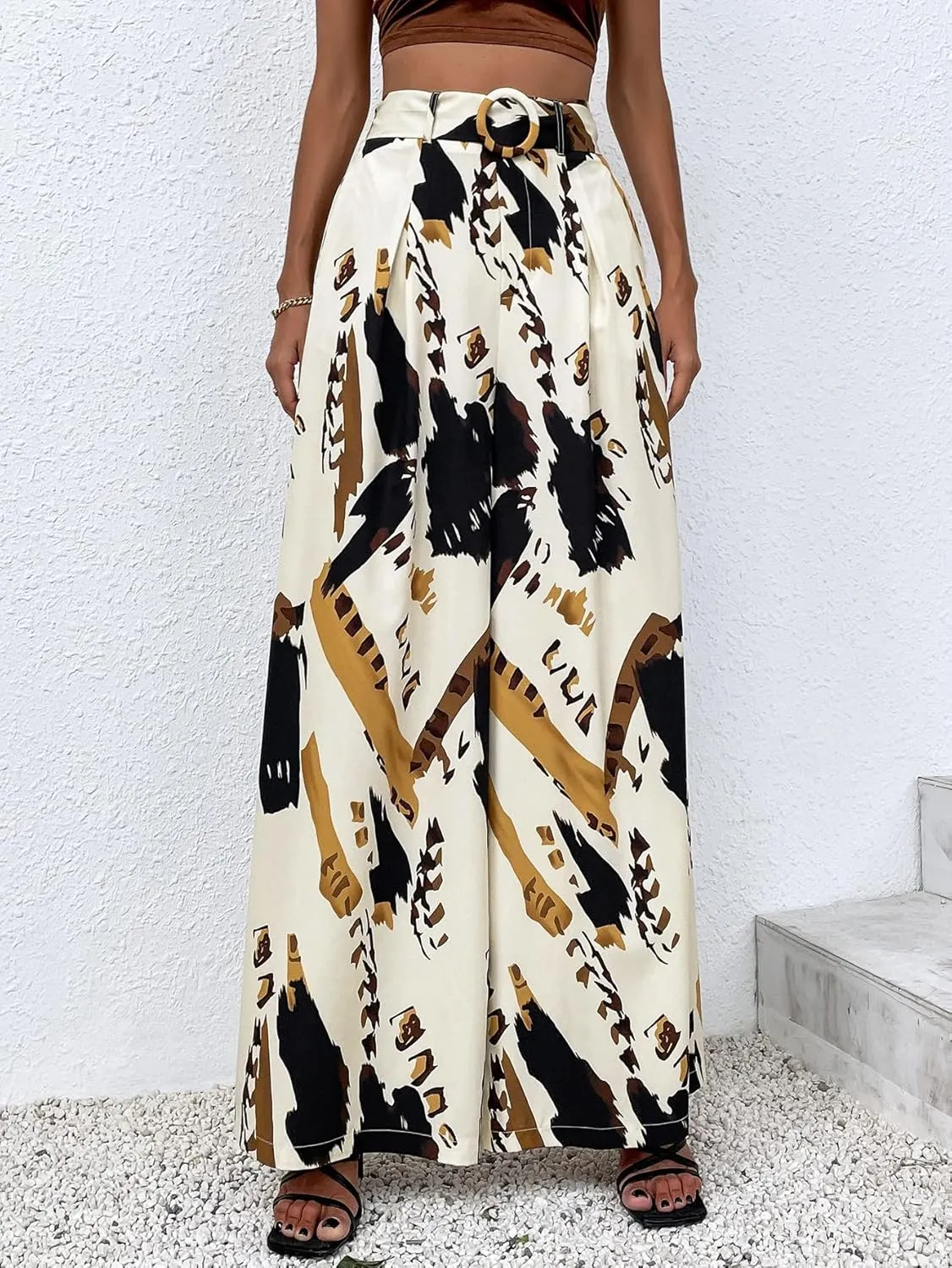 SweatyRocks Women's High Elastic Waist Pockets Pants Graphic Print Wide Leg Loose Palazzo Pants Trousers with Belt