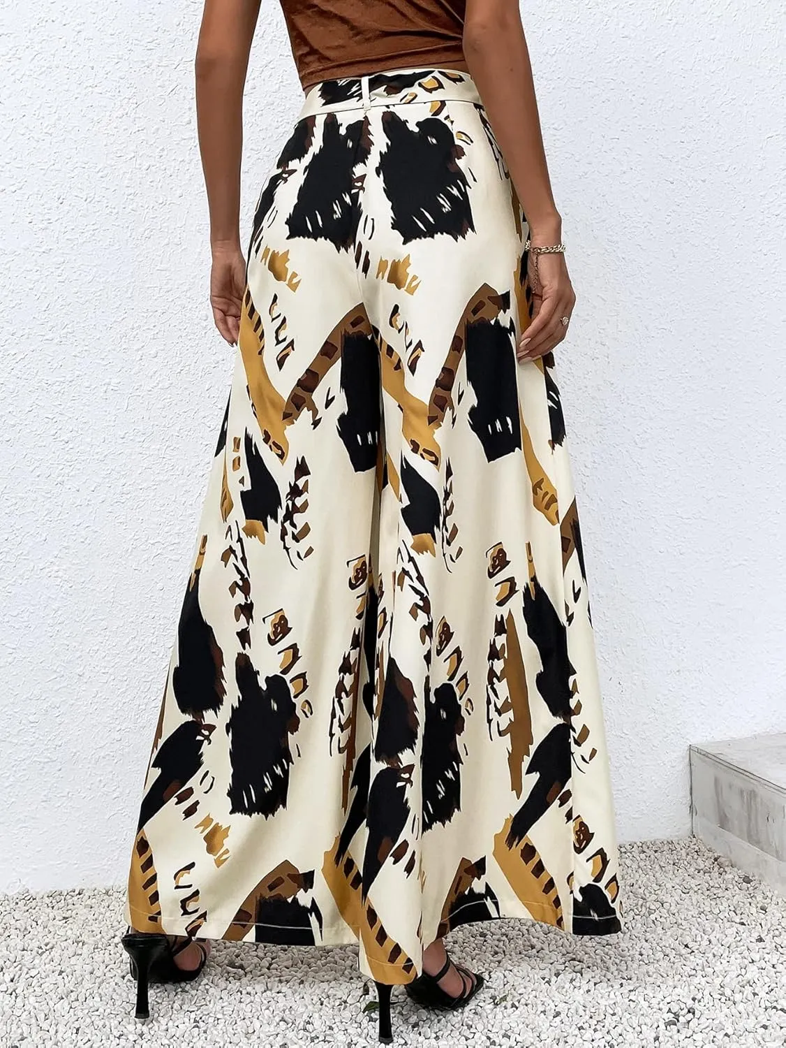 SweatyRocks Women's High Elastic Waist Pockets Pants Graphic Print Wide Leg Loose Palazzo Pants Trousers with Belt