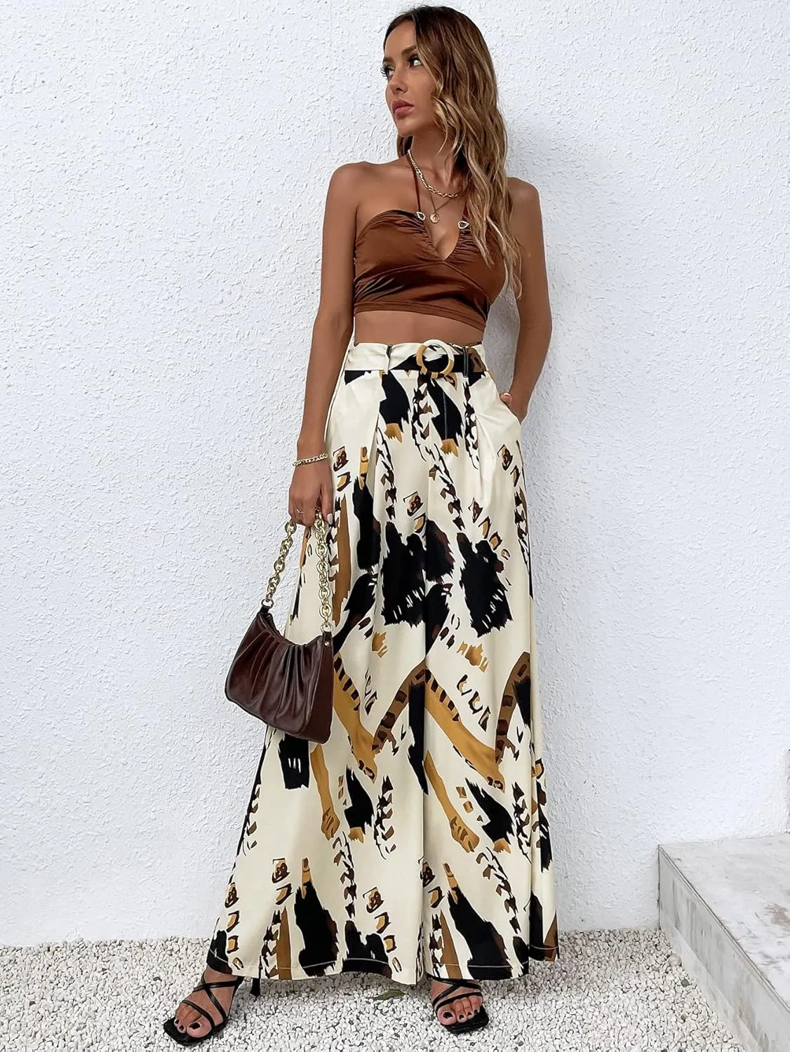SweatyRocks Women's High Elastic Waist Pockets Pants Graphic Print Wide Leg Loose Palazzo Pants Trousers with Belt