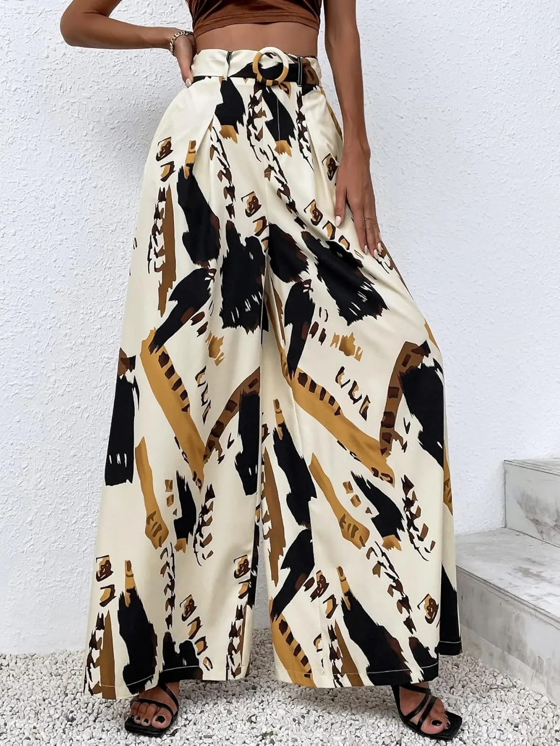SweatyRocks Women's High Elastic Waist Pockets Pants Graphic Print Wide Leg Loose Palazzo Pants Trousers with Belt