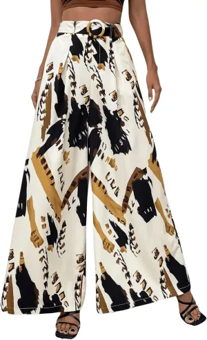 SweatyRocks Women's High Elastic Waist Pockets Pants Graphic Print Wide Leg Loose Palazzo Pants Trousers with Belt