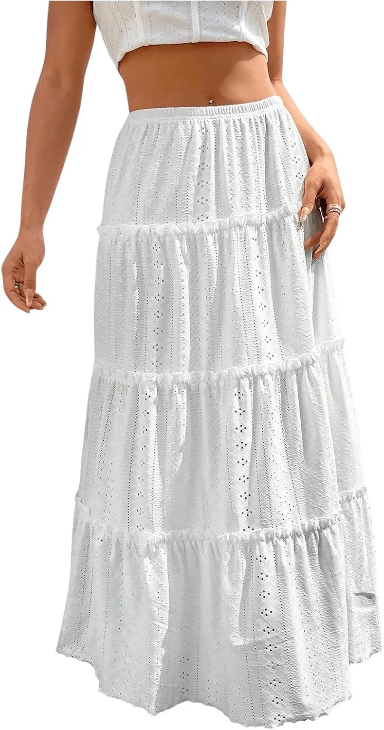SweatyRocks Women's High Waisted Maxi Skirts Ruffle Tiered Frill Trim Eyelet Skirt