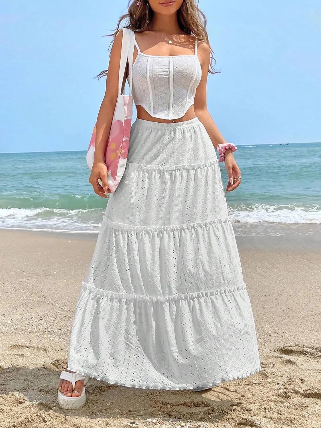SweatyRocks Women's High Waisted Maxi Skirts Ruffle Tiered Frill Trim Eyelet Skirt