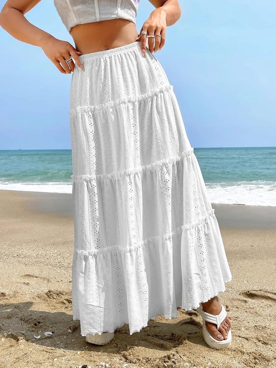 SweatyRocks Women's High Waisted Maxi Skirts Ruffle Tiered Frill Trim Eyelet Skirt