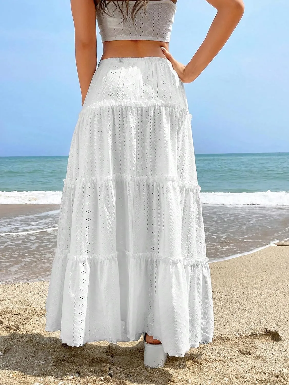 SweatyRocks Women's High Waisted Maxi Skirts Ruffle Tiered Frill Trim Eyelet Skirt