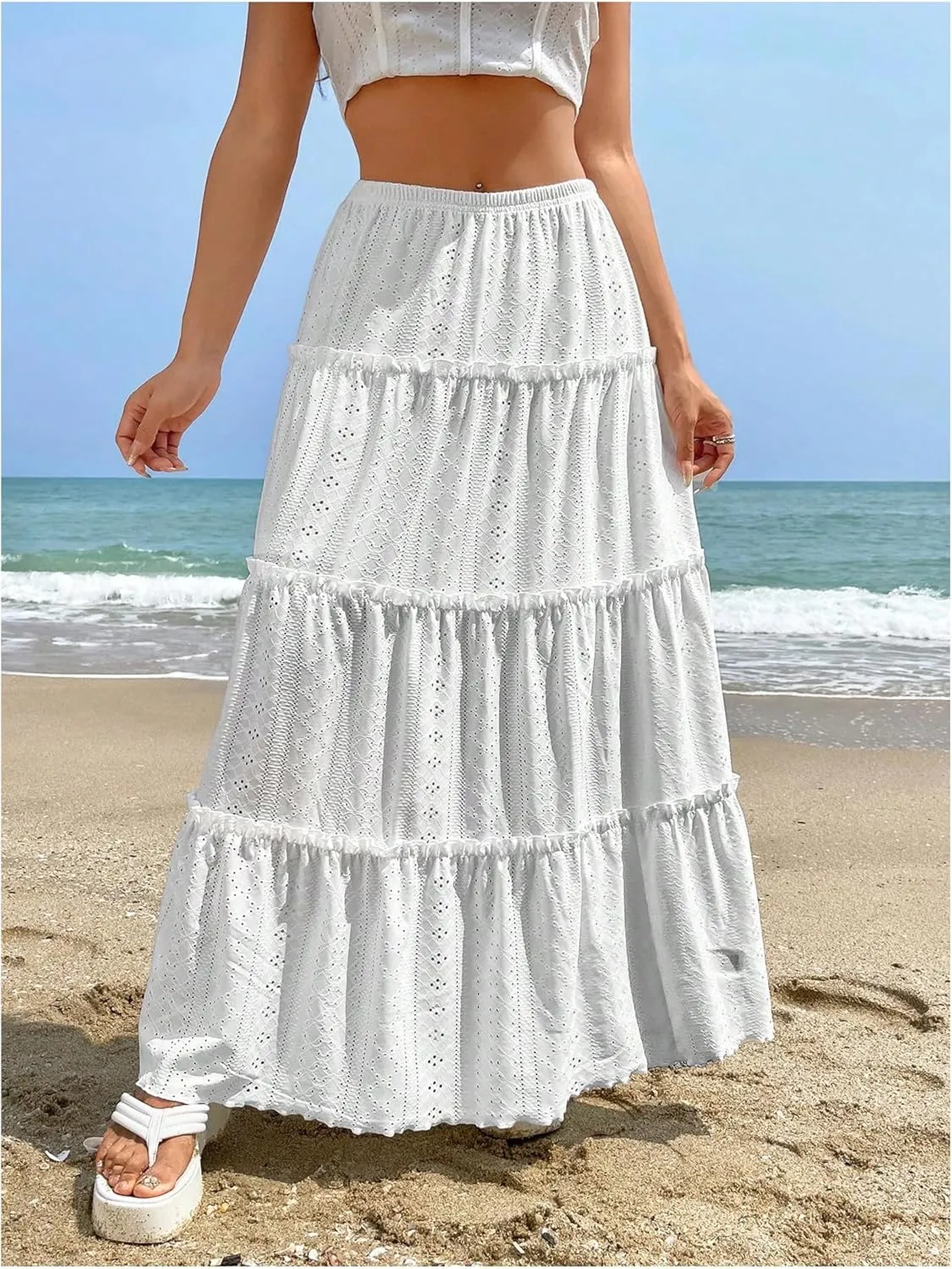 SweatyRocks Women's High Waisted Maxi Skirts Ruffle Tiered Frill Trim Eyelet Skirt