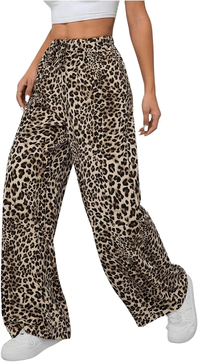 SweatyRocks Women's Leopard Print Animal Wide Leg Pants Elastic Waist Trousers with Pockets