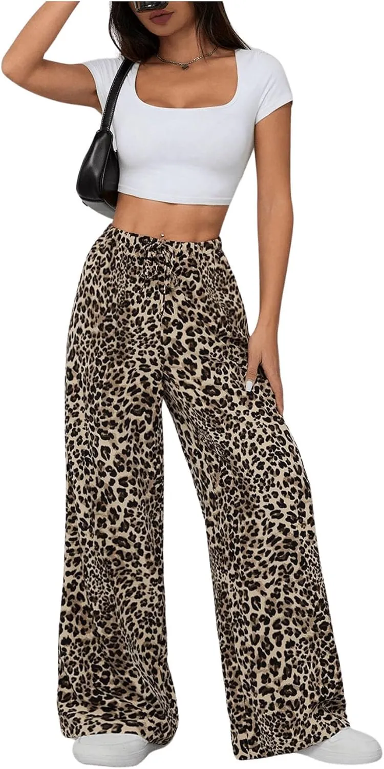 SweatyRocks Women's Leopard Print Animal Wide Leg Pants Elastic Waist Trousers with Pockets