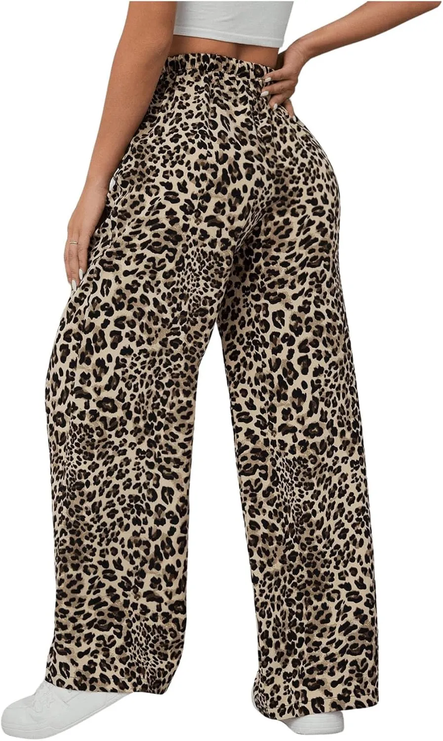 SweatyRocks Women's Leopard Print Animal Wide Leg Pants Elastic Waist Trousers with Pockets