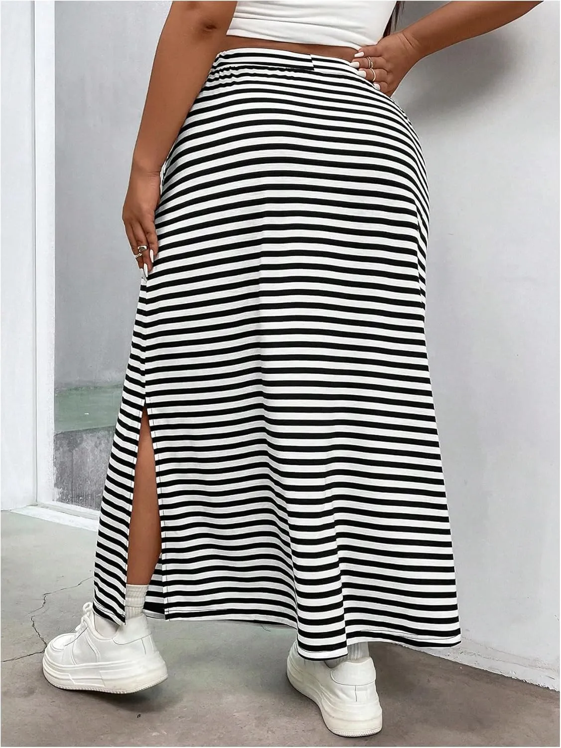 SweatyRocks Women's Plus Size Skirts Striped Split Hem Maxi Skirts with Pocket