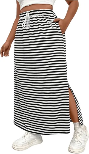 SweatyRocks Women's Plus Size Skirts Striped Split Hem Maxi Skirts with Pocket