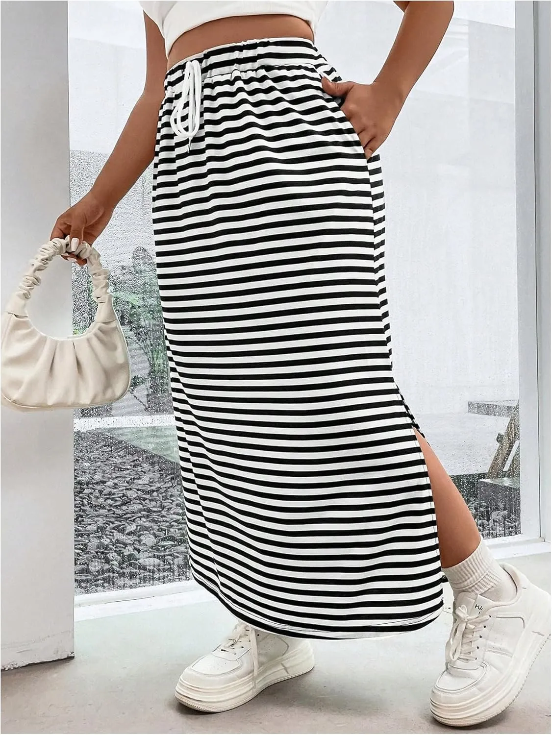 SweatyRocks Women's Plus Size Skirts Striped Split Hem Maxi Skirts with Pocket