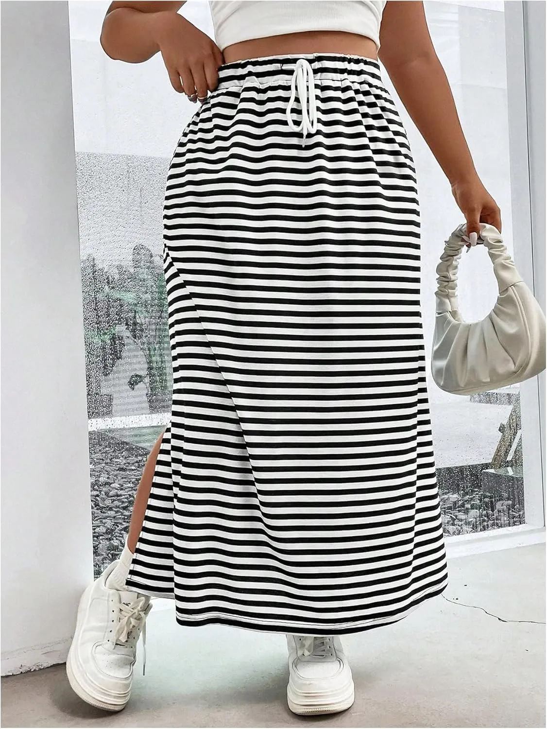 SweatyRocks Women's Plus Size Skirts Striped Split Hem Maxi Skirts with Pocket