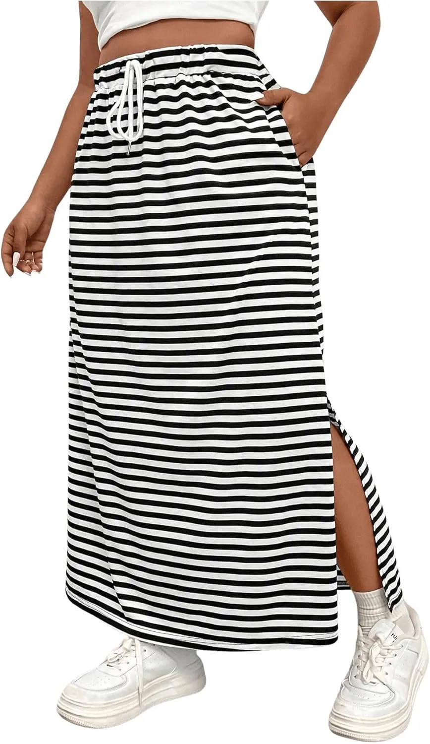 SweatyRocks Women's Plus Size Skirts Striped Split Hem Maxi Skirts with Pocket