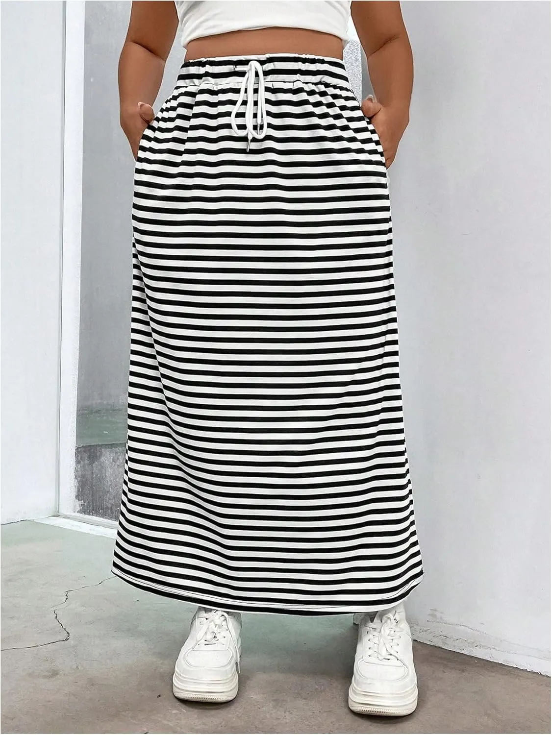 SweatyRocks Women's Plus Size Skirts Striped Split Hem Maxi Skirts with Pocket
