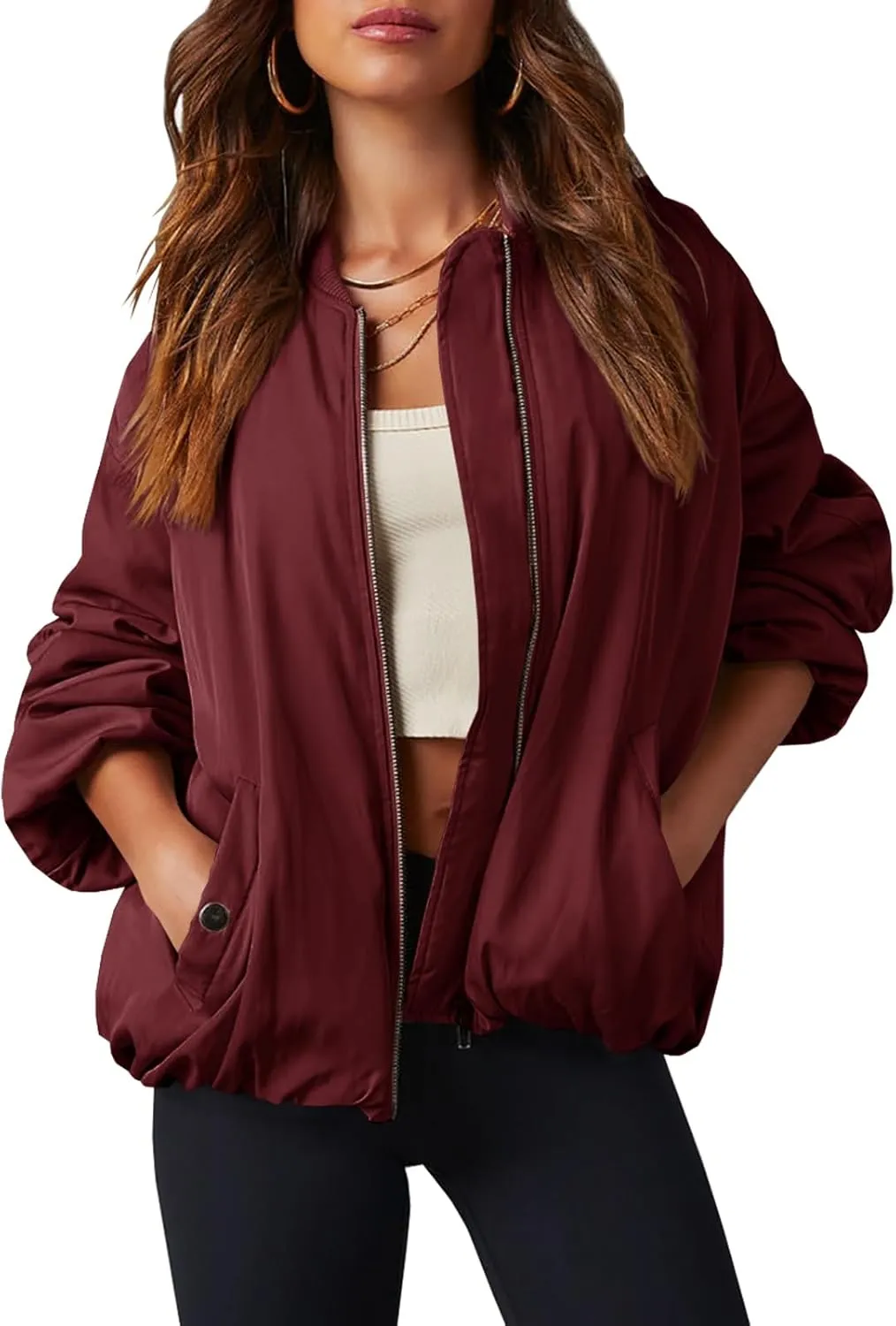 Tankaneo Womens Zip Up Bomber Jacket Oversized Fashion Casual Fully Lined Winter Coats With Pockets