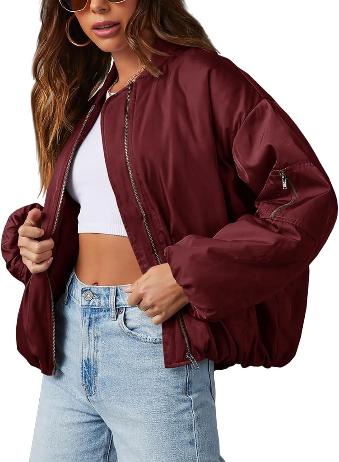 Tankaneo Womens Zip Up Bomber Jacket Oversized Fashion Casual Fully Lined Winter Coats With Pockets