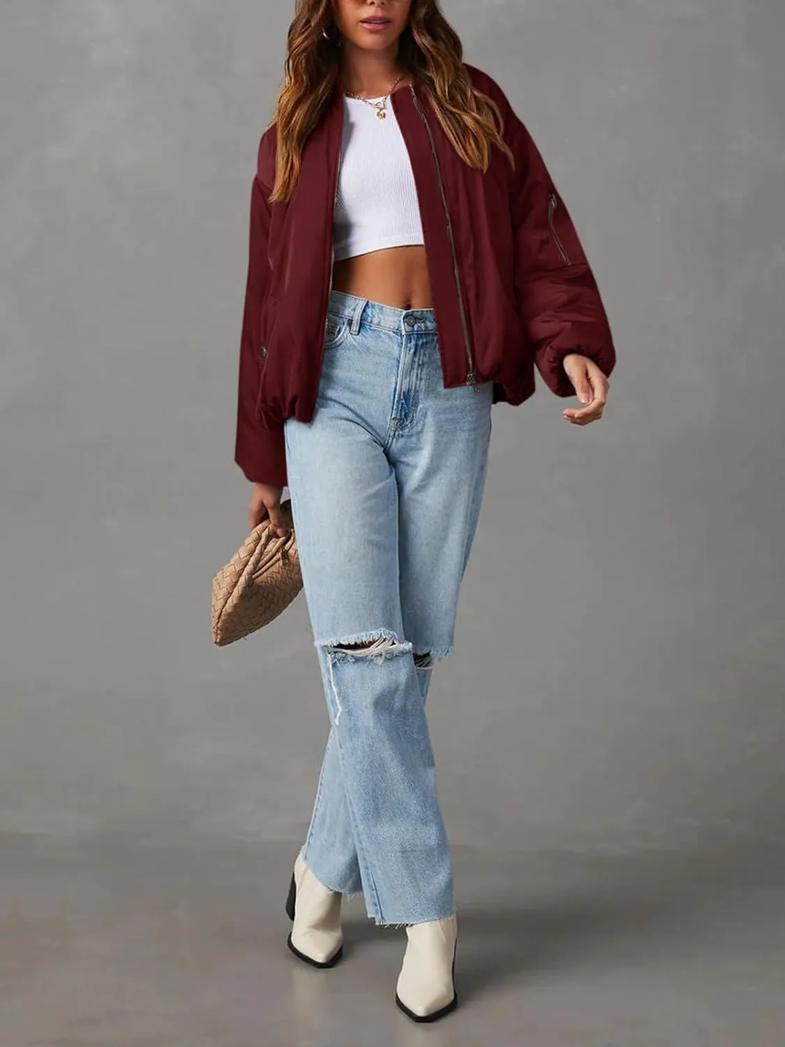 Tankaneo Womens Zip Up Bomber Jacket Oversized Fashion Casual Fully Lined Winter Coats With Pockets