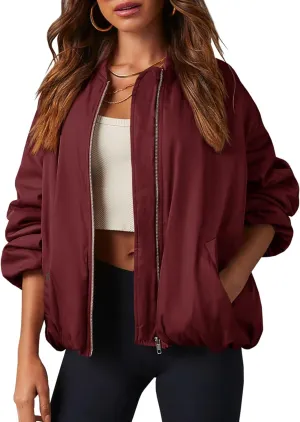Tankaneo Womens Zip Up Bomber Jacket Oversized Fashion Casual Fully Lined Winter Coats With Pockets